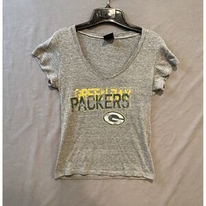 Green Bay Packers Shirt Womens *Small Gray V-Neck NFL Distressed Cap Sleeve